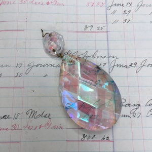 Antique iridescent chandelier crystal pendants - Lg multi facet vintage cut glass - necklace charm - jewlery finding - vintage supply
