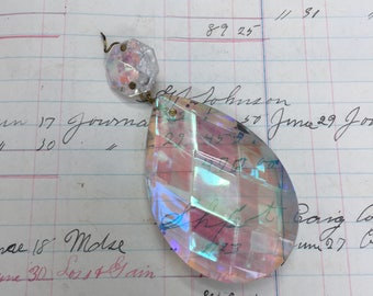 Puede incluir: Un prisma de cristal iridiscente en forma de lágrima con una tapa de metal dorado. El prisma cuelga de una cadena y tiene un efecto arcoíris. El prisma está sobre un trozo de papel con notas escritas a mano.