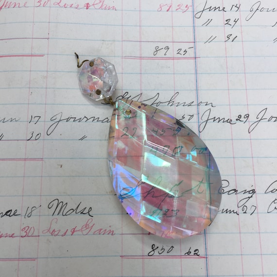 Antique iridescent chandelier crystal pendants - Lg multi facet vintage cut glass - necklace charm - jewlery finding - vintage supply