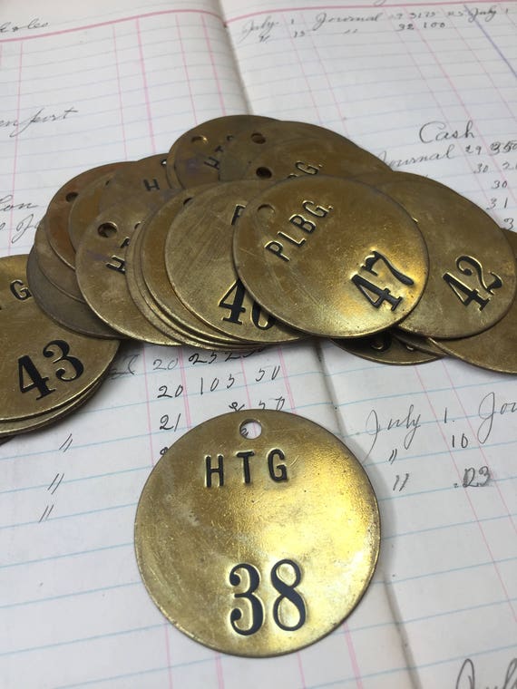 Antique brass tag - One tag -industrial valve id tag - steampunk metal tag - gold vintage locker tags - steampunk brass tag - round brass -