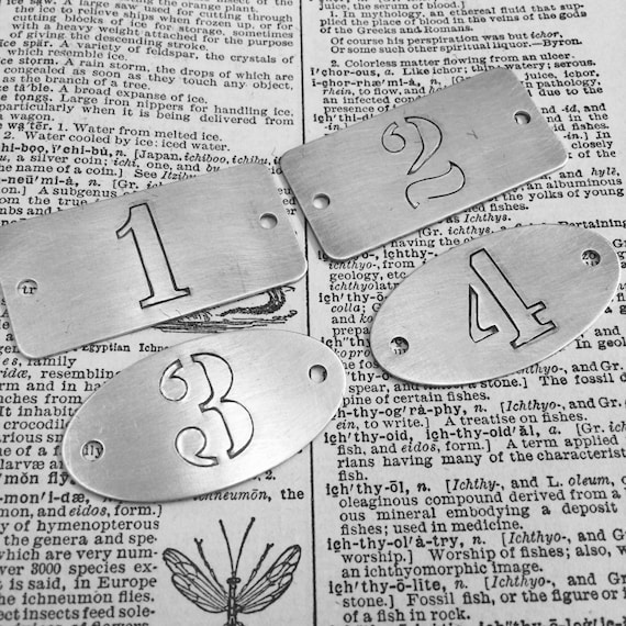 Hand punched industrial aluminum numbered tags -  Custom numbered locker basket tags - rectangle or oval number plates - hotel room numbers
