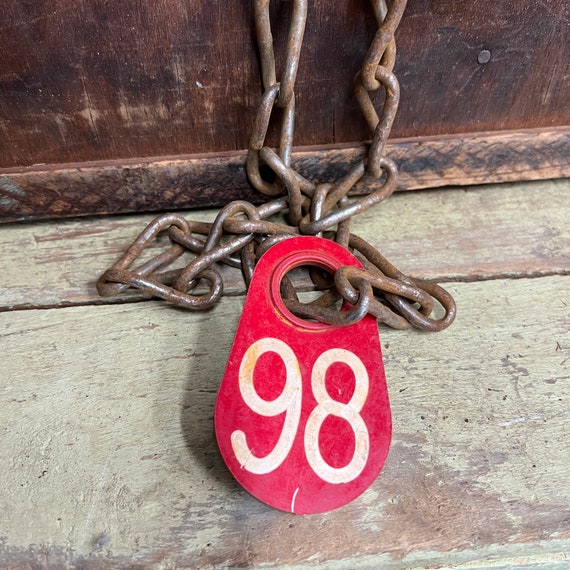 Vintage plastic cow tag on a chain – number 98  -antique plastic livestock ID tag – plastic bull tag – cattle tag – industrial number -
