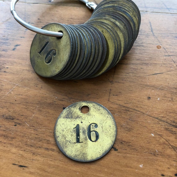 Antique brass tag no 16 - industrial valve id tag - steampunk metal tag - gold vintage locker tags - steampunk brass tag - round brass -