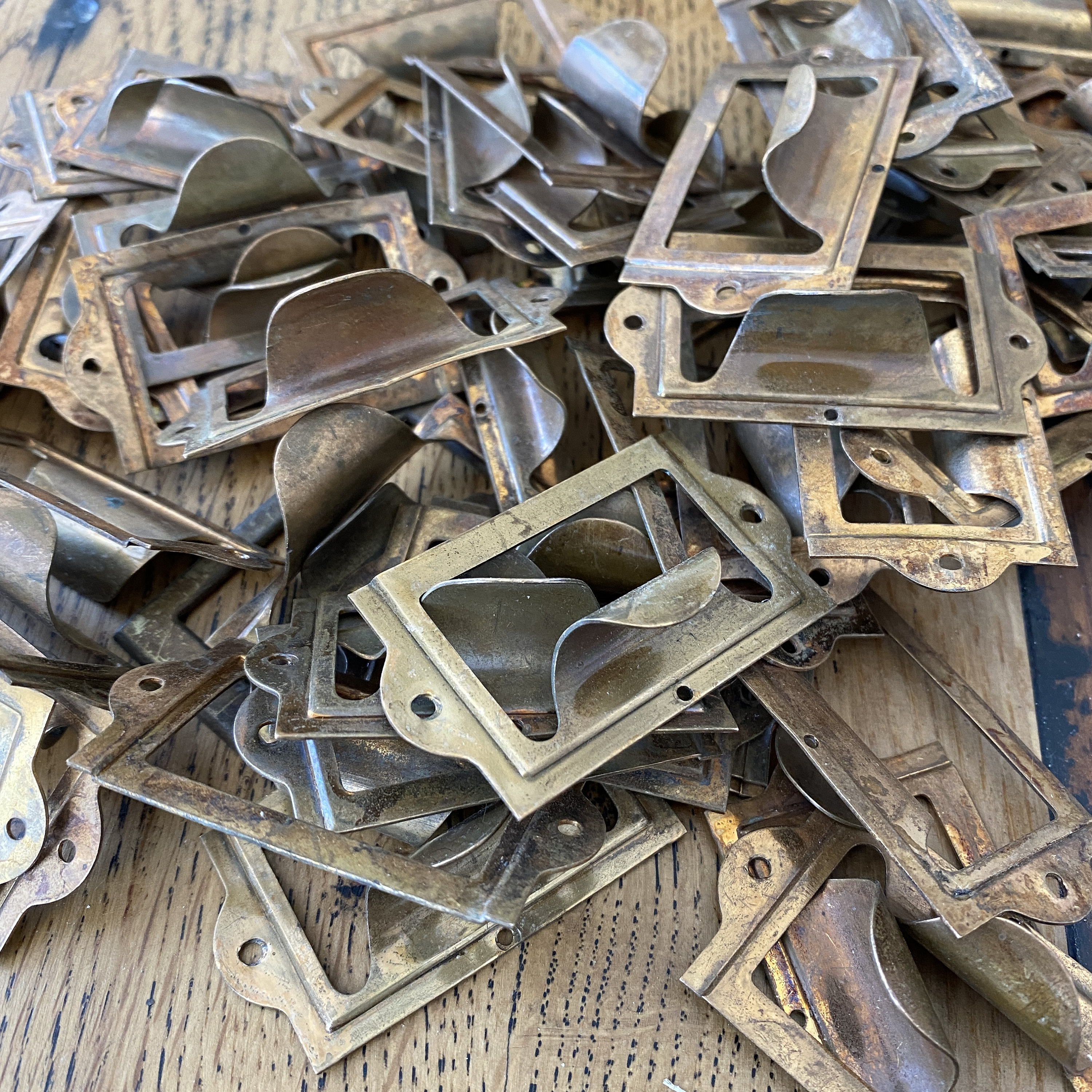 Vintage tarnished brass label holders for drawers antique drawer tag