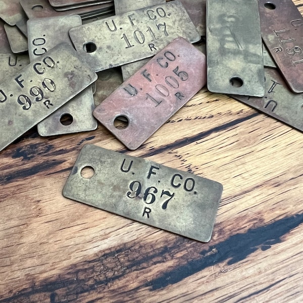 Antique United fruit company inventory brass tag fob - favorite numbers industrial valve id - steampunk metal tag - gold vintage tags -