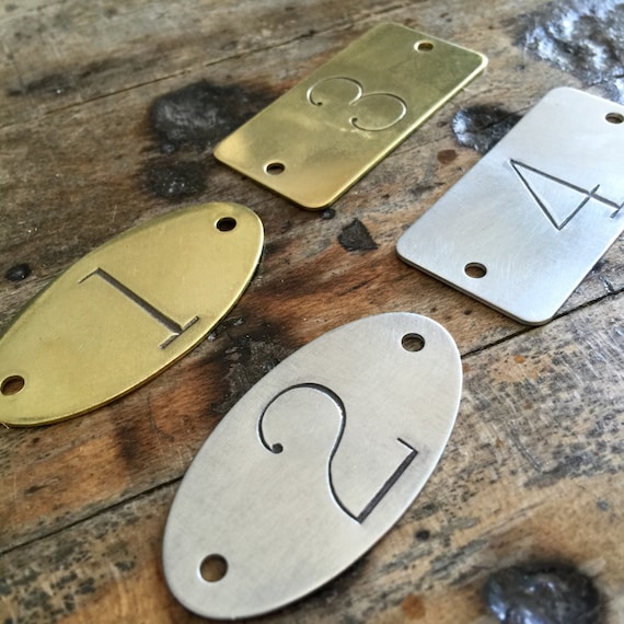 Hand punched brass or aluminum numbered tags -  Custom numbered locker tags - rectangle or oval number plates - hotel room numbers