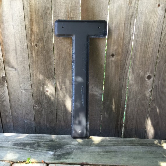 24" Vintage Industrial Metal Marquee Letter T - Black metal - NOS Steel Sign Letter - salvaged black metal letter -beveled metal letter