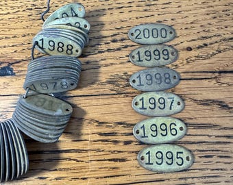 May include: A collection of oval-shaped brass tags with black numbers. The tags are arranged in a vertical line, with the numbers 2000, 1999, 1998, 1997, 1996, and 1995 visible. A separate pile of brass tags with numbers is visible on the left side of the image.