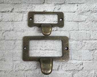 Vintage style brass label holders for drawers - reproduction heavy antique brass drawer pull tag holder - card catalog drawer pull - library