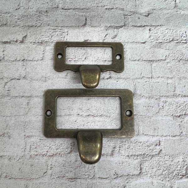 Vintage style brass label holders for drawers - reproduction heavy antique brass drawer pull tag holder - card catalog drawer pull - library