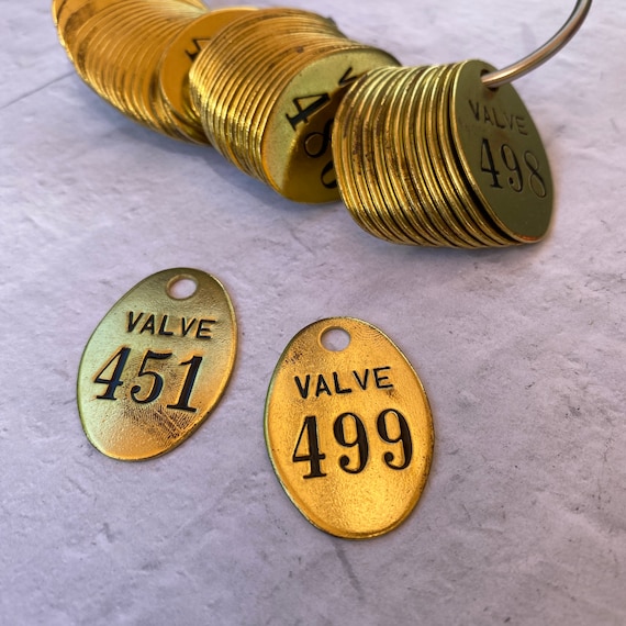 Vintage Valve oval brass tags 400's - ONE tag- pick the number - vintage  key tags - tool tags - steampunk brass tag - oval brass tag