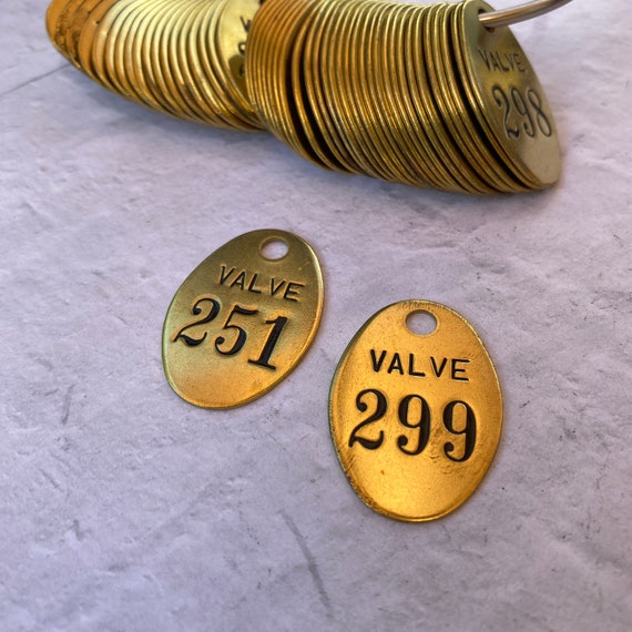 Vintage Valve oval brass tags 200's - ONE tag- pick the number - vintage  key tags - tool tags - steampunk brass tag - oval brass tag