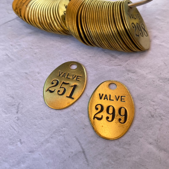 Vintage Valve oval brass tags 200's - ONE tag- pick the number - vintage  key tags - tool tags - steampunk brass tag - oval brass tag