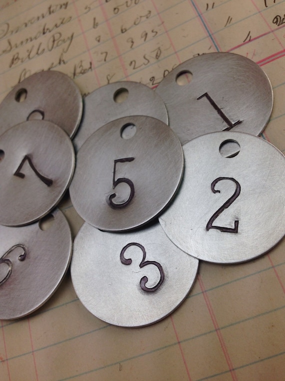 Round silver aluminum Numbered tag -  hand stamped key tag - room key fob - hotel key tag - numbered metal tag - metal locker key tag -