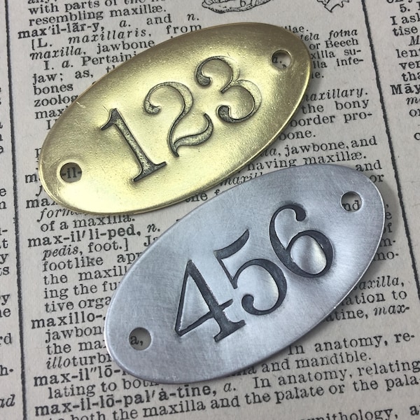 Hand punched brass or aluminum numbered tags -  Custom numbered locker tags - oval year date number plates - hotel room door numbers