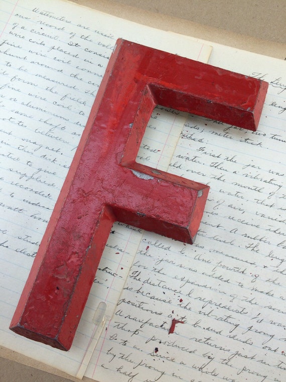 Industrial red Metal Marquee letter F - Vintage Aluminum marquee sign letter  - Assemblage supply - Heavy Worn chippy distressed  9" tall