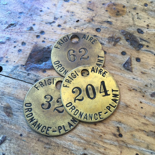 Set of 3 - Antique numbered round brass tags - vintage room key tags - tool tags - steampunk brass tag - brass tag