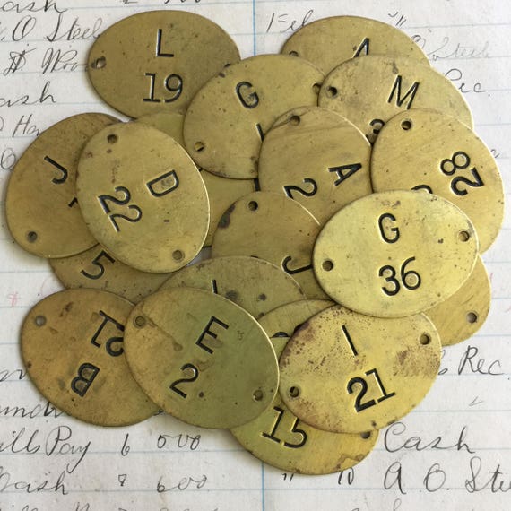 Antique Lettered Oval brass tags - Choose your letter A to O - vintage locker tags - tool tags - steampunk brass tag - oval brass tag