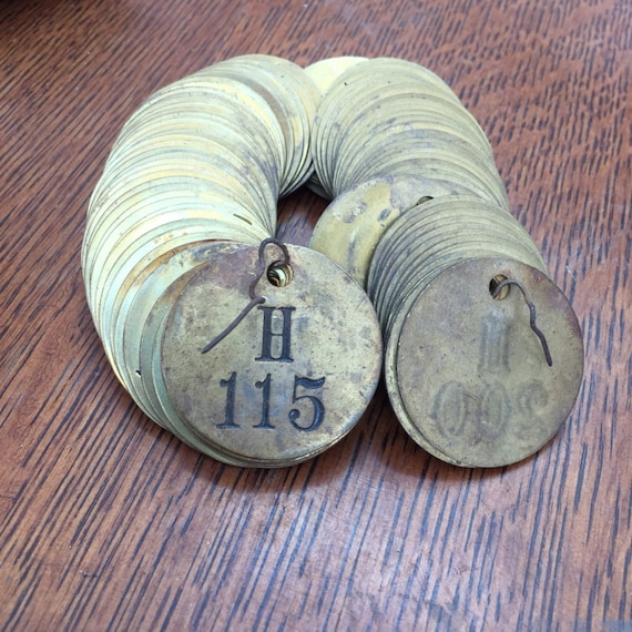 Set of 3 consecutively numbered H tags - Antique numbered round brass tags - vintage room key tags - tool tags - steampunk brass tag - brass
