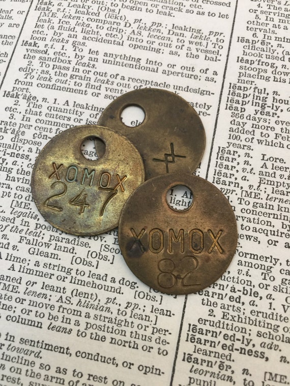 Set of 3 -XOMOX Antique numbered brass tags  - vintage - steampunk brass tag - round brass tag - tool check - brass token - metal tag
