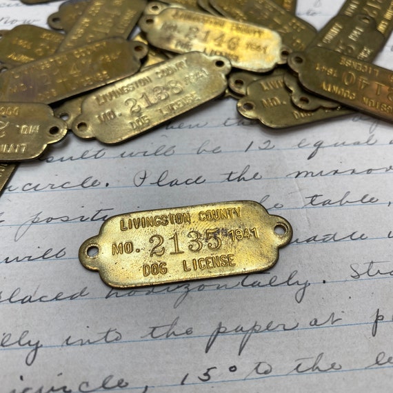 VintageBrass dog tax tag livingston county MO -  dog tax 1941 - dog id tag - gold tag - dog tax - brass dog tag