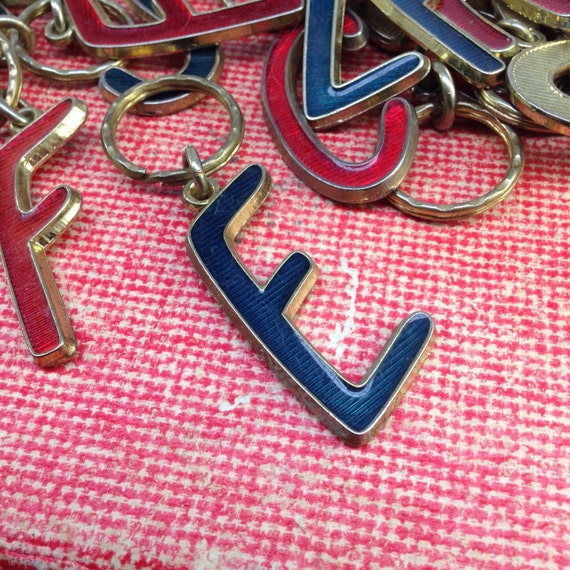 Vintage Blue or Red Monogram Keychain - key fob -vintage letter key chain - letter keychain - brass letter key chain - brass letter