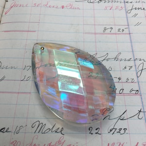 Antique iridescent chandelier crystal pendants - Lg. sz multi facet vintage cut glass - necklace charm - jewlery finding - vintage supply