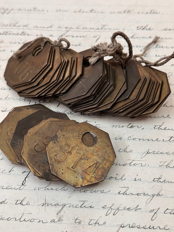 Antique numbered brass tags 300s - locker key tag - vintage tool tag - steampunk brass tag - octagon brass tag - tool check - brass token