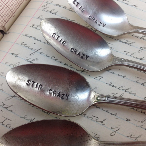 Stir Crazy hand stamped spoon -handmade coffee lover gift idea - cool cute gift hand stamped silverware- coffee gift - geek gift - nerd gift