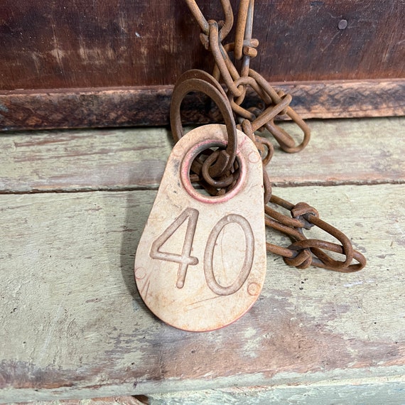 Vintage plastic cow tag on a chain – number 40 -antique plastic livestock ID tag – plastic bull tag – cattle tag – industrial number -