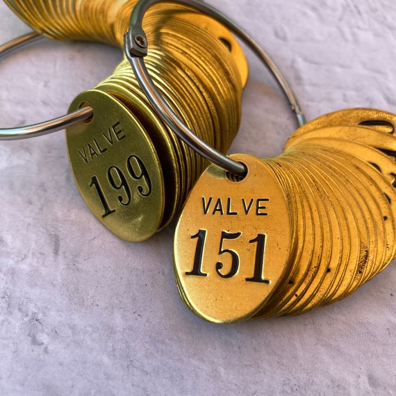 Vintage Valve oval brass tags 100's - ONE tag- pick the number - vintage  key tags - tool tags - steampunk brass tag - oval brass tag