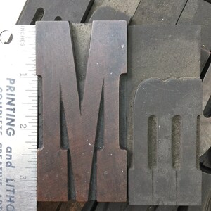 May include: Two wooden letterpress blocks, one with the letter "M" in a dark brown color and the other with the letter "m" in a gray color. The blocks are approximately 2 inches tall.