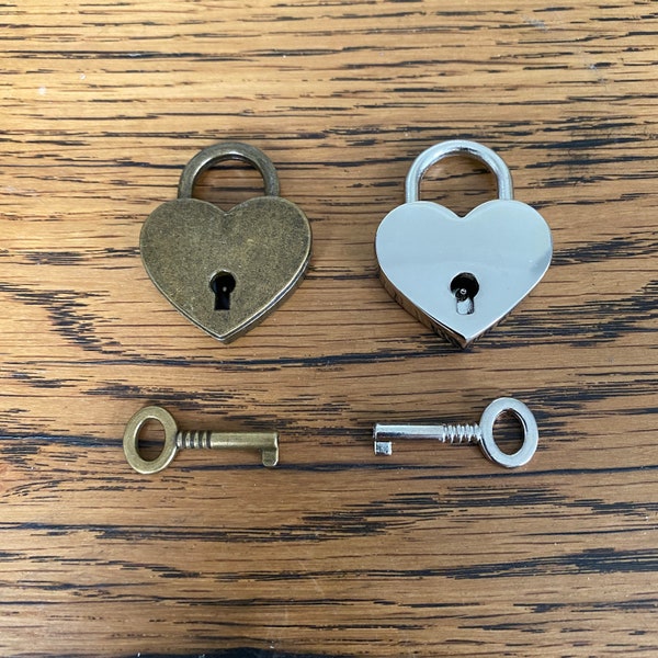 Vintage style silver or Brass heart look padlock - small jewelry box lock - luggage lock - small gold key lock - lock and key Valentine's