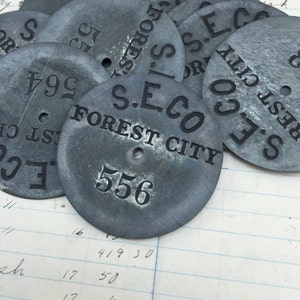 Antique numbered round silver metal tags - forest city - vintage survey markers - tool tags - steampunk tag -