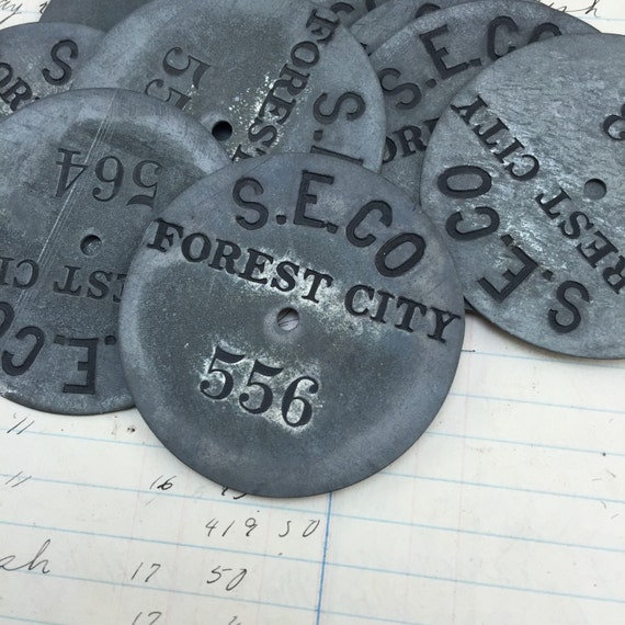 Antique numbered round silver metal tags - forest city - vintage survey markers - tool tags - steampunk tag -