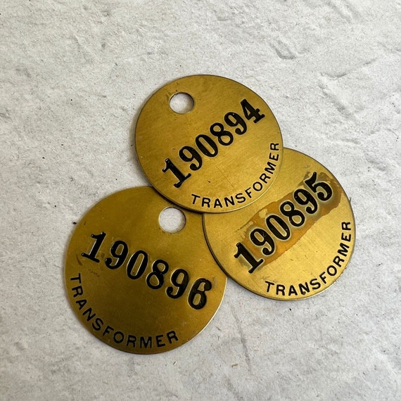 Set of 3 - Vintage numbered round brass transformer tags - vintage industrial key tags - tool tags - steampunk brass tag - brass tag