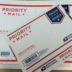 May include: A white Priority Mail flat rate box with a blue and red United States Postal Service logo. The box is labeled "Small Flat Rate Box" and "One Rate * Any Weight". The box is also labeled "Tracked" and "Insured".