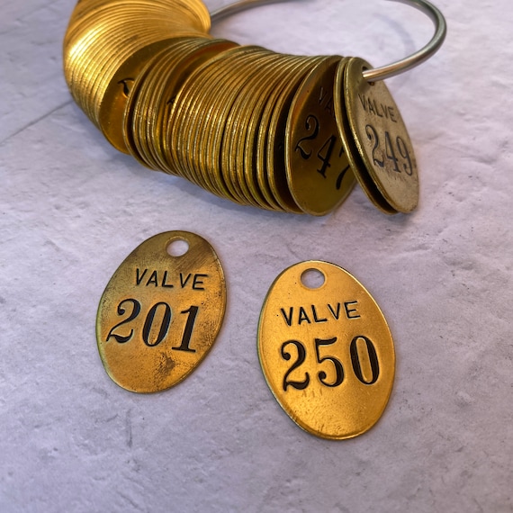 Vintage Valve oval brass tags 200's - ONE tag- pick the number - vintage  key tags - tool tags - steampunk brass tag - oval brass tag