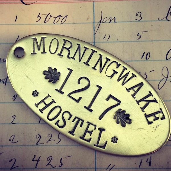 Custom hand stamped Hotel Room Key Tags -  brass key chain fob - brass cow tag - bull ear tag -  customized keychain tag - your name here