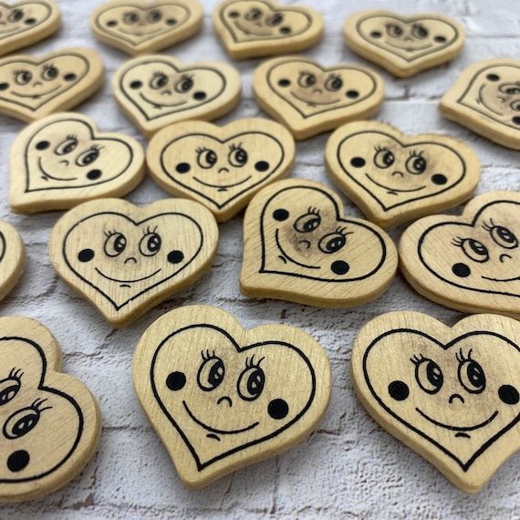 Wooden heart magnets - happy face heart - wooden magnet - happy heart