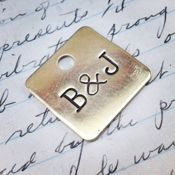 Custom Hand stamped initialed Brass Tag - hand made wedding charm - initial key chain - monogramed keychain - monogram brass tag - valentine