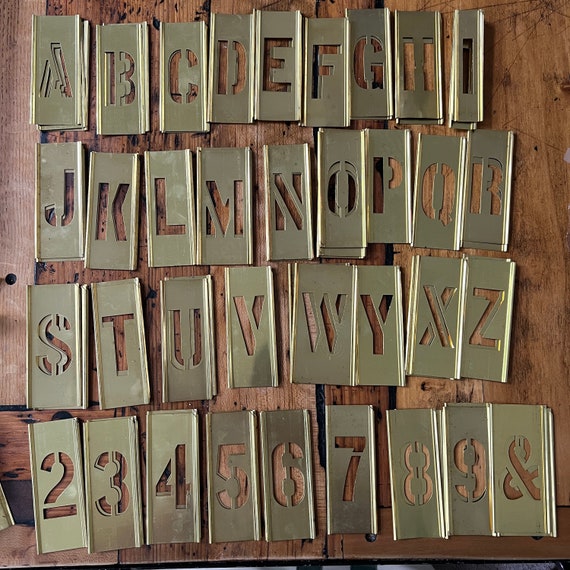 New Old Stock Brass stencil Letters and Numbers 4" - Vintage brass stencil - industrial stencil - metal stencil - rustic letter- industrial