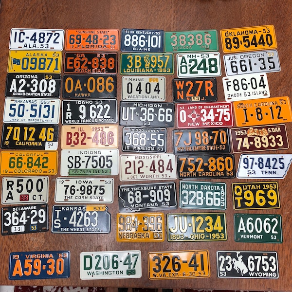 Vintage 1953 Bike License Plates - Choose your state - Kids Bicycle Plate - Cereal Box prize - 5" plate - Embossed plates - 50's mini plate
