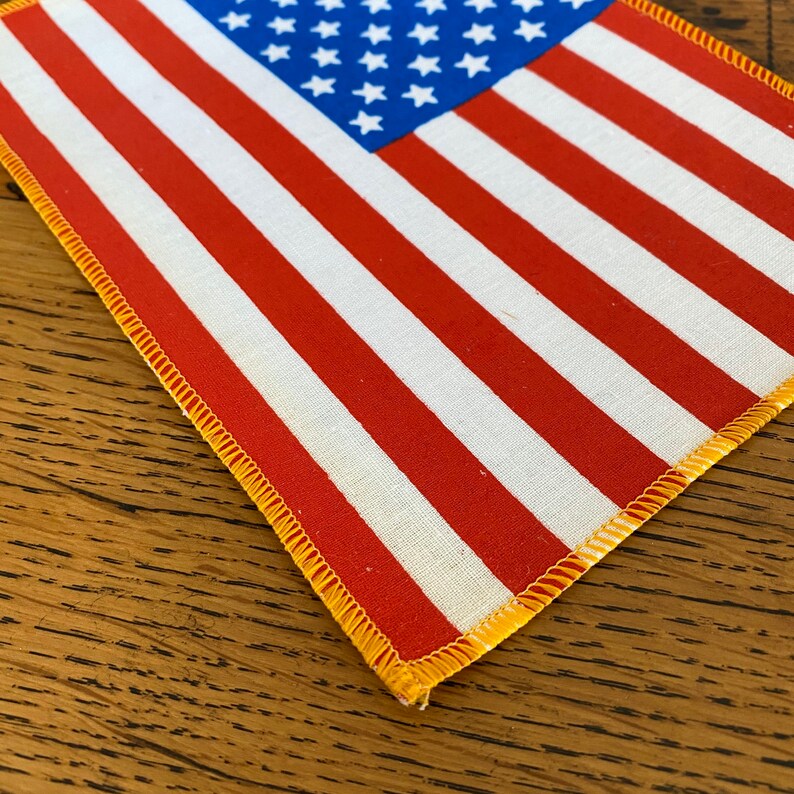 Pu&ograve; includere: Un piccolo patch di bandiera americana con strisce rosse e bianche e un campo blu di stelle. La bandiera &egrave; cucita con un bordo giallo.