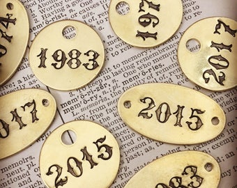 Custom Year or Date Tags -  hand punched brass and metal tag or plate -  hand stamped key tag - custom engraved tag - hotel key tag