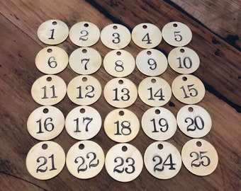 Advent Calendar numbers - set of 1-25 or 1-31 - Brass tag numbers - Ready for DIY project