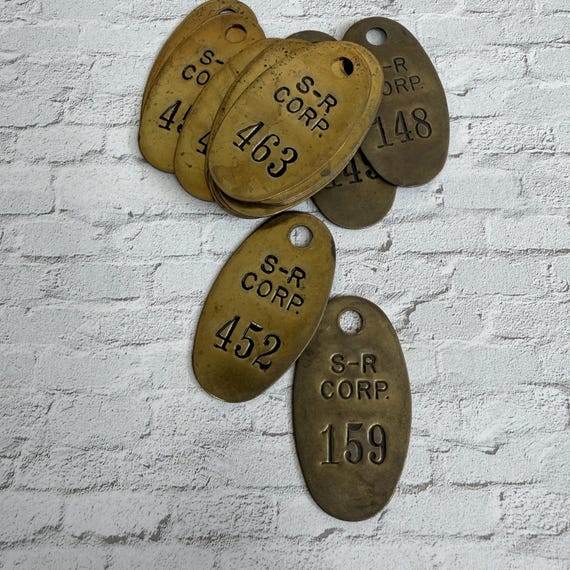 ONE Antique numbered brass tags  - S-R CORP - vintage tool tag - steampunk brass tag - oval brass tag - tool check