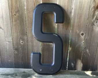 24" Vintage Industrial Metal Marquee Letter S - Black metal - NOS Steel Sign Letter - salvaged black metal letter -beveled metal letter