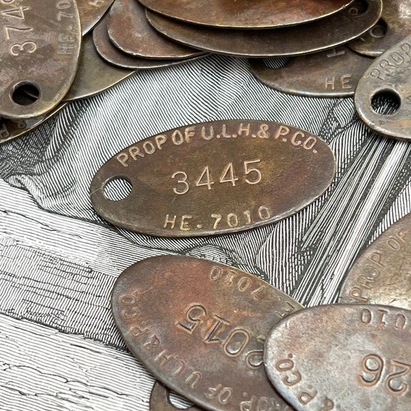 Antique numbered brass tags - year tag - vintage room key tags - steampunk brass tag - round brass tag - tool check - brass token - metal ta