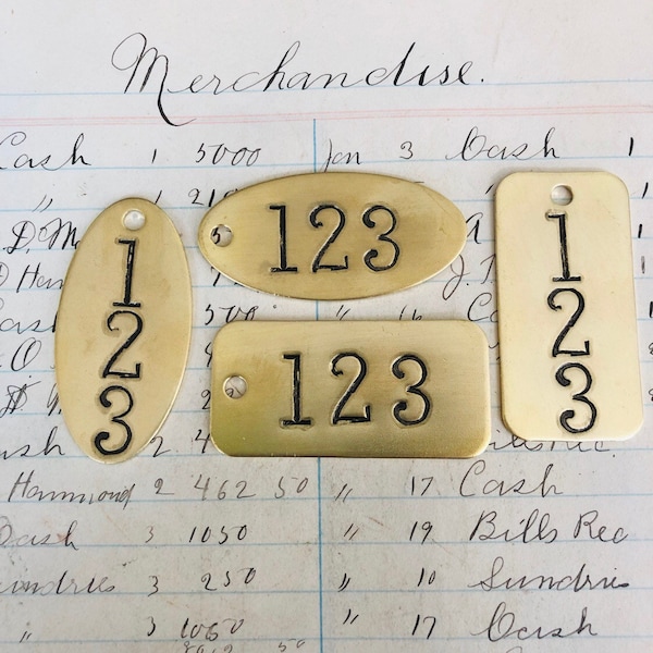Hand punched brass numbered tags -  Custom numbered locker tags - rectangle or oval number plates - hotel room numbers